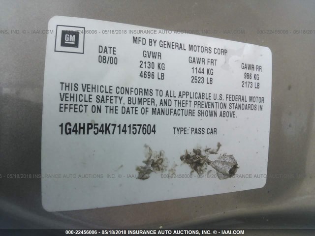 1G4HP54K714157604 - 2001 BUICK LESABRE CUSTOM GRAY photo 9