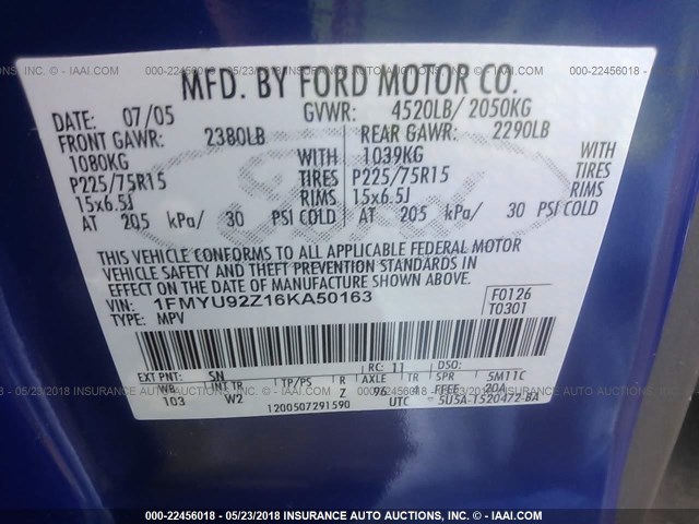 1FMYU92Z16KA50163 - 2006 FORD ESCAPE XLS BLUE photo 9