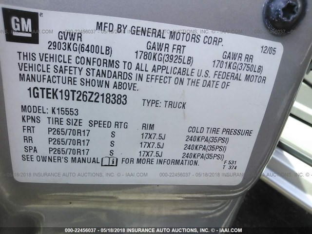 1GTEK19T26Z218383 - 2006 GMC NEW SIERRA K1500 GRAY photo 9