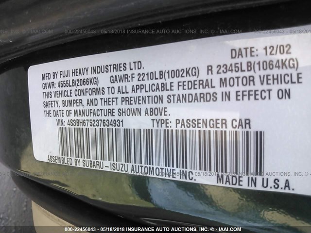 4S3BH675237634931 - 2003 SUBARU LEGACY OUTBACK AWP 绿色 照片 9