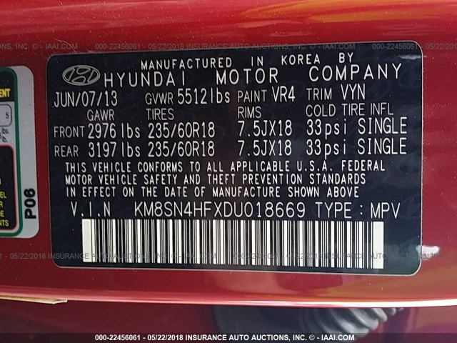 KM8SN4HFXDU018669 - 2013 HYUNDAI SANTA FE GLS RED photo 9