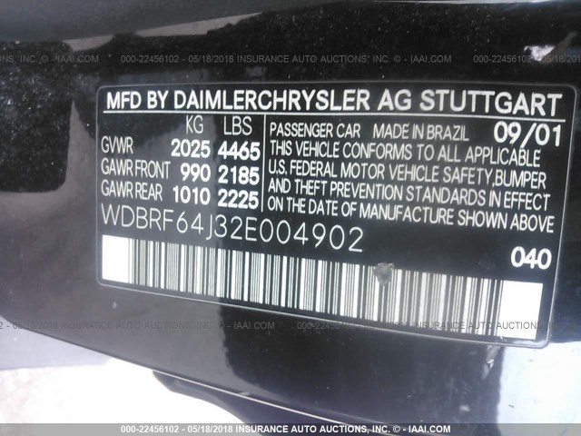 WDBRF64J32E004902 - 2002 MERCEDES-BENZ C 320 BLACK photo 9