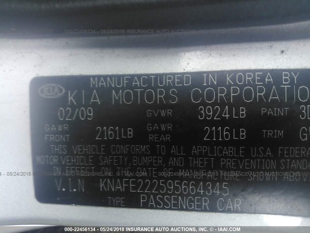 KNAFE222595664345 - 2009 KIA SPECTRA EX/LX/SX SILVER photo 9