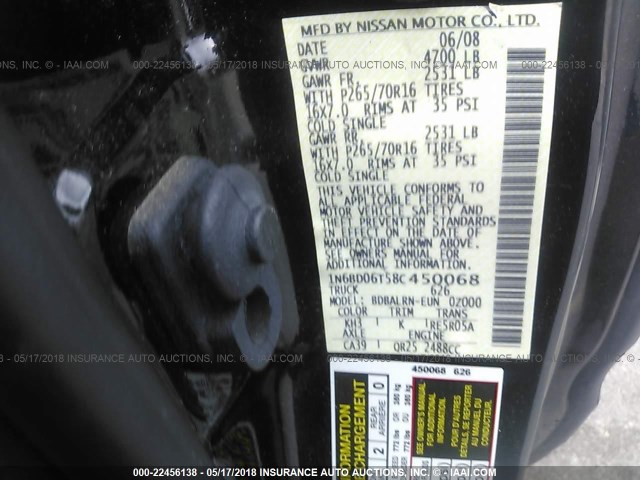 1N6BD06T58C450068 - 2008 NISSAN FRONTIER KING CAB XE/KING CAB SE BLACK photo 9