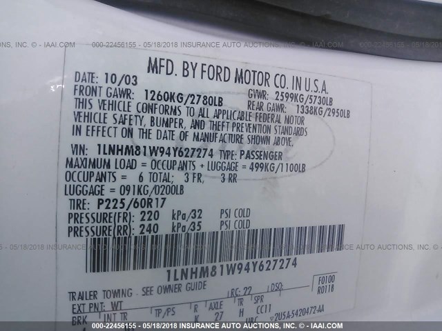 1LNHM81W94Y627274 - 2004 LINCOLN TOWN CAR EXECUTIVE/SIGNATURE თეთრი ფოტო 9