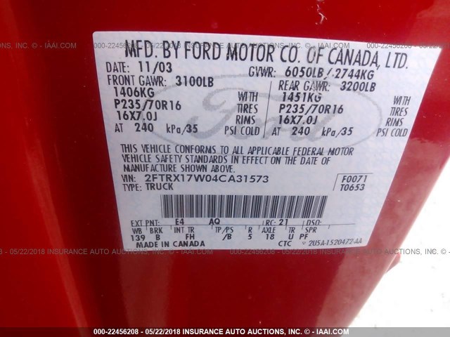 2FTRX17W04CA31573 - 2004 FORD F-150 HERITAGE CLASSIC RED photo 9