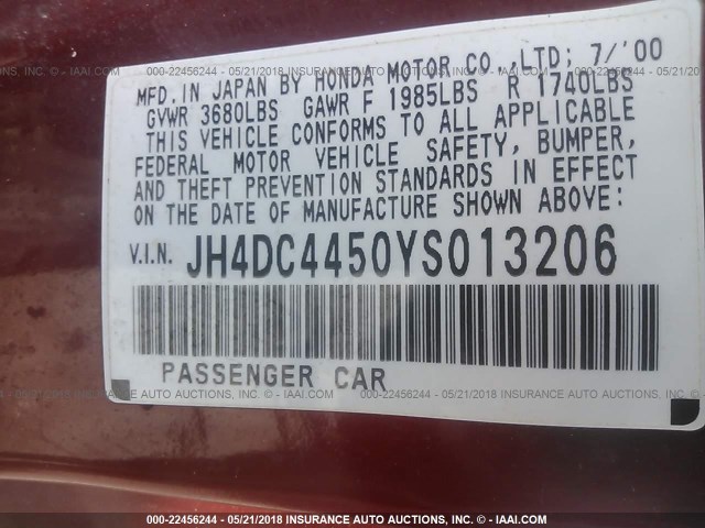 JH4DC4450YS013206 - 2000 ACURA INTEGRA LS RED photo 9