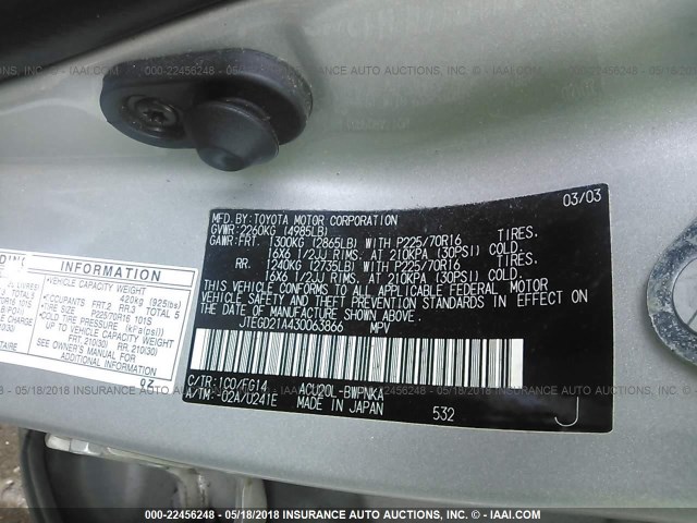 JTEGD21A430063866 - 2003 TOYOTA HIGHLANDER SILVER photo 9