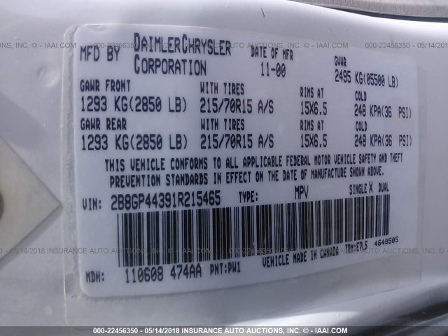 2B8GP44391R215465 - 2001 DODGE GRAND CARAVAN SPORT WHITE photo 9