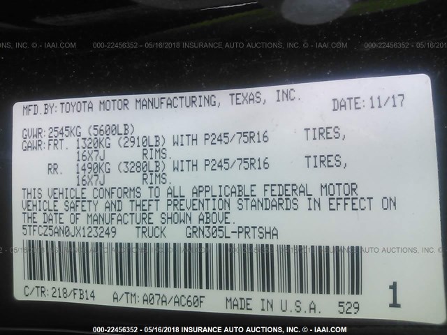5TFCZ5AN0JX123249 - 2018 TOYOTA TACOMA DBL CAB/SR/TRDSPT/OR/PRO შავი ფოტო 9