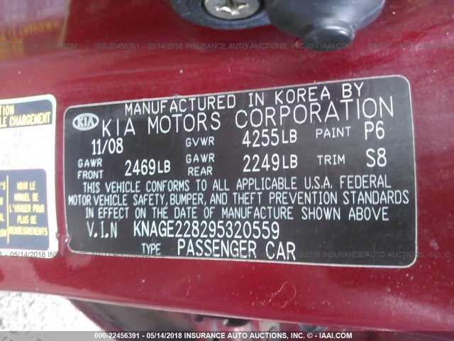 KNAGE228295320559 - 2009 KIA OPTIMA LX/EX RED photo 9