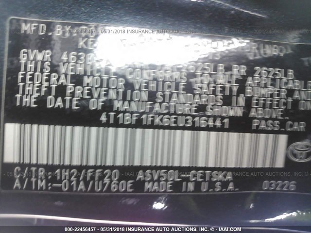 4T1BF1FK6EU316441 - 2014 TOYOTA CAMRY L/SE/LE/XLE 黑色 照片 9