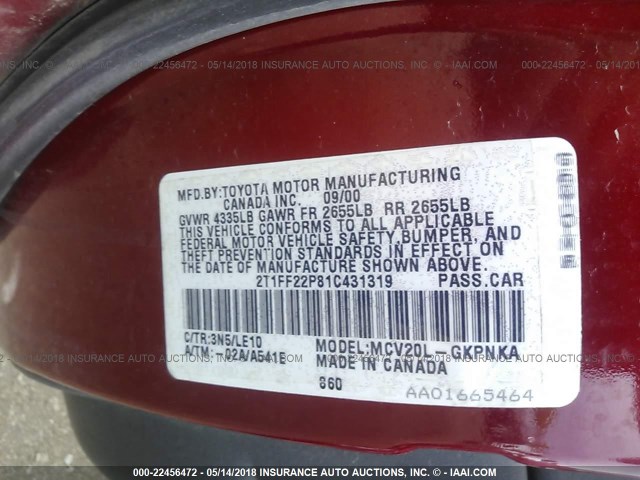 2T1FF22P81C431319 - 2001 TOYOTA CAMRY SOLARA SE/SLE წითელი ფოტო 9