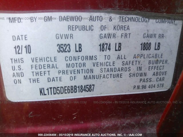 KL1TD5DE6BB184587 - 2011 CHEVROLET AVEO LS/LT 红色 照片 9