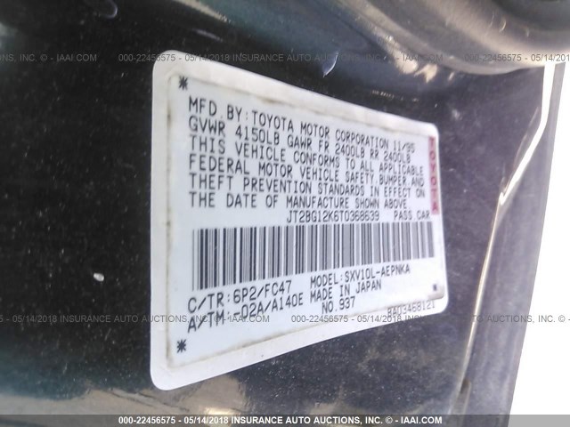 JT2BG12K6T0368639 - 1996 TOYOTA CAMRY DX/LE/XLE GREEN photo 9