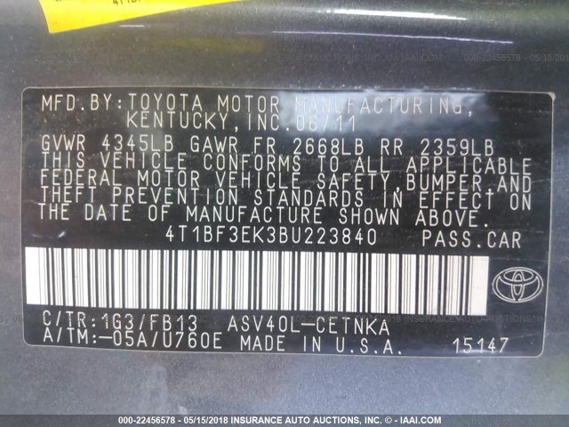4T1BF3EK3BU223840 - 2011 TOYOTA CAMRY SE/LE/XLE GRAY photo 9