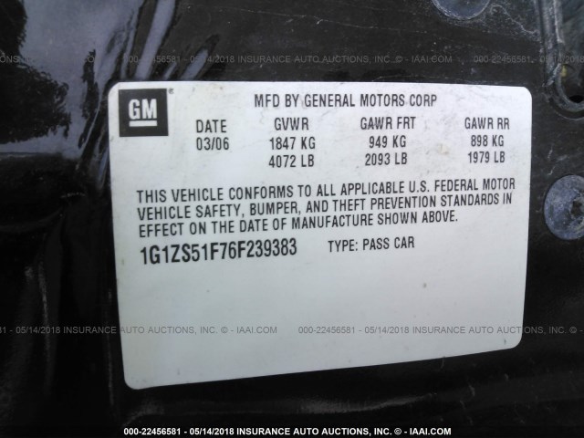 1G1ZS51F76F239383 - 2006 CHEVROLET MALIBU LS 黑色 照片 9