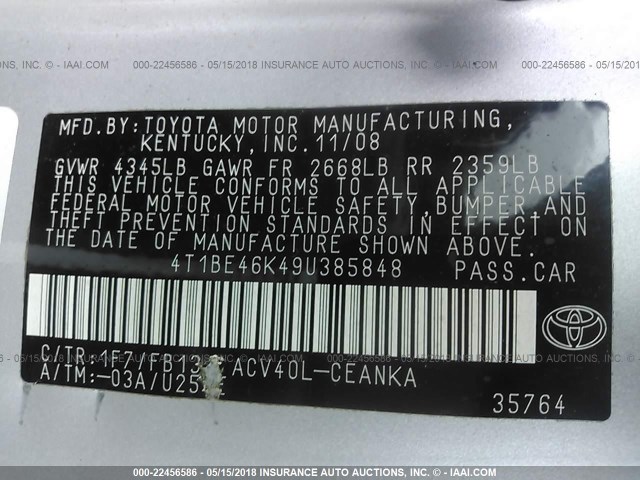 4T1BE46K49U385848 - 2009 TOYOTA CAMRY SE/LE/XLE SILVER photo 9
