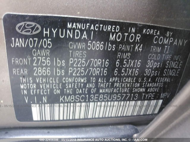 KM8SC13E85U957713 - 2005 HYUNDAI SANTA FE GLS/LX GOLD photo 9