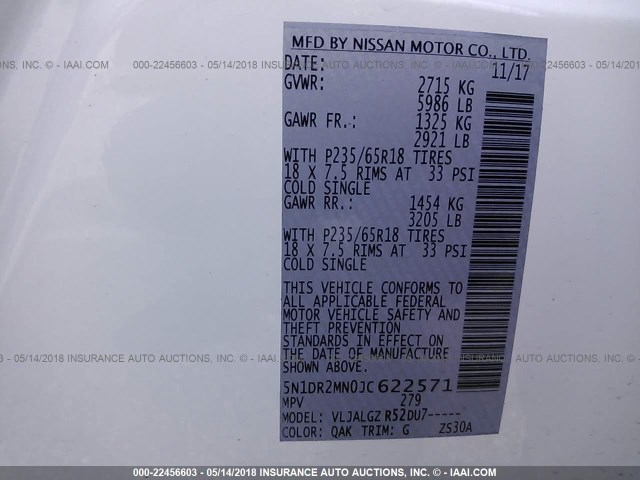 5N1DR2MN0JC622571 - 2018 NISSAN PATHFINDER S/SV/SL/PLATINUM 白色 照片 9