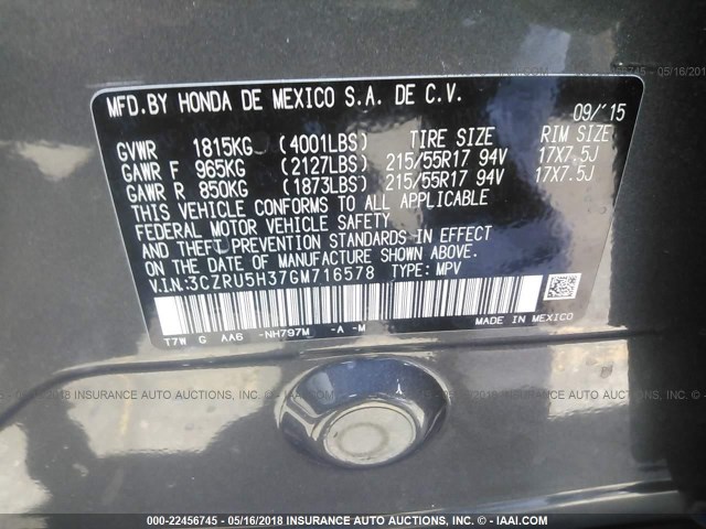 3CZRU5H37GM716578 - 2016 HONDA HR-V LX GRAY photo 9