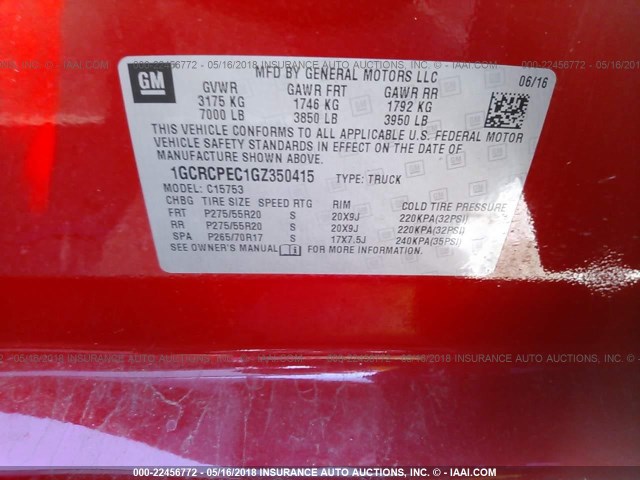 1GCRCPEC1GZ350415 - 2016 CHEVROLET SILVERADO C1500 CUSTOM RED photo 9