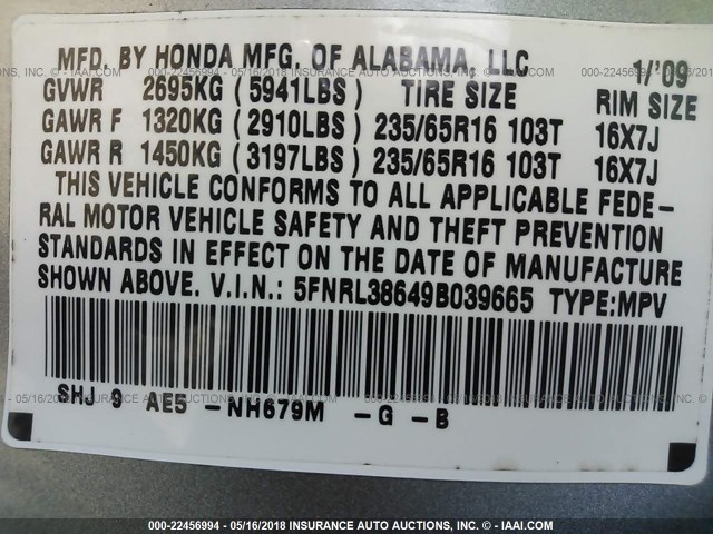 5FNRL38649B039665 - 2009 HONDA ODYSSEY EXL ვერცხლისფერი ფოტო 9