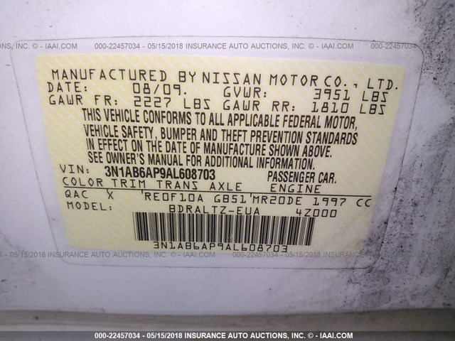 3N1AB6AP9AL608703 - 2010 NISSAN SENTRA 2.0/2.0S/SR/2.0SL WHITE photo 9