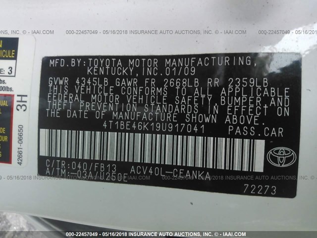 4T1BE46K19U917041 - 2009 TOYOTA CAMRY SE/LE/XLE WHITE photo 9