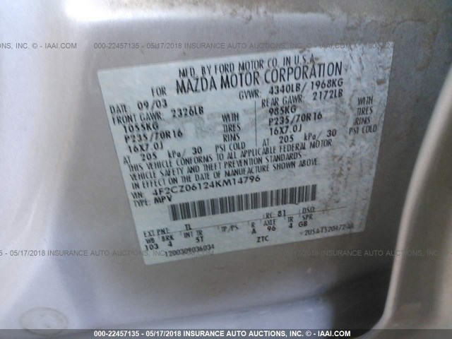 4F2CZ06124KM14796 - 2004 MAZDA TRIBUTE ES 银色 照片 9