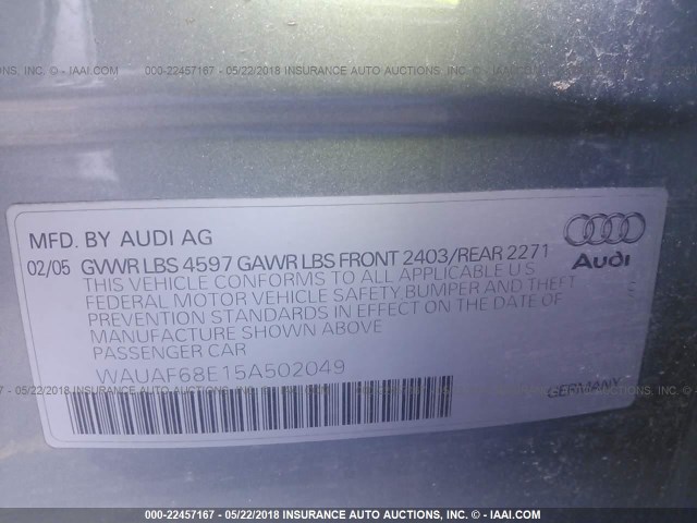 WAUAF68E15A502049 - 2005 AUDI A4 2.0T GRAY photo 9