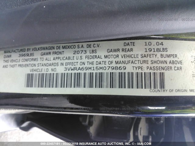 3VWRA69M15M079869 - 2005 VOLKSWAGEN JETTA GL BLACK photo 9