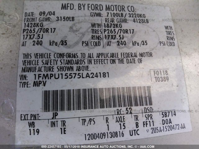 1FMPU15575LA24181 - 2005 FORD EXPEDITION XLT SILVER photo 9