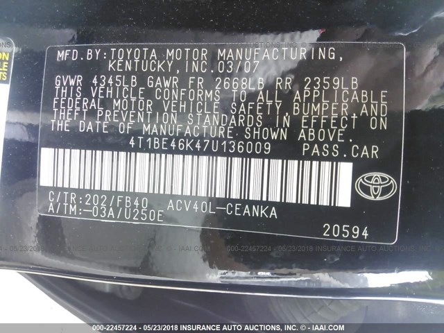 4T1BE46K47U136009 - 2007 TOYOTA CAMRY NEW GENERAT CE/LE/XLE/SE BLACK photo 9