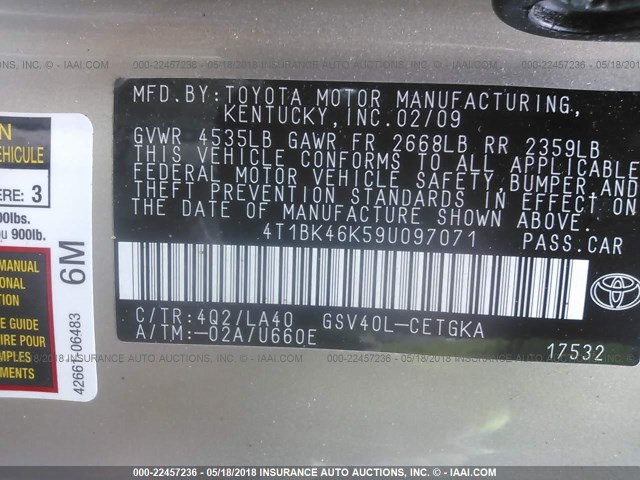 4T1BK46K59U097071 - 2009 TOYOTA CAMRY SE/LE/XLE 棕色 照片 9