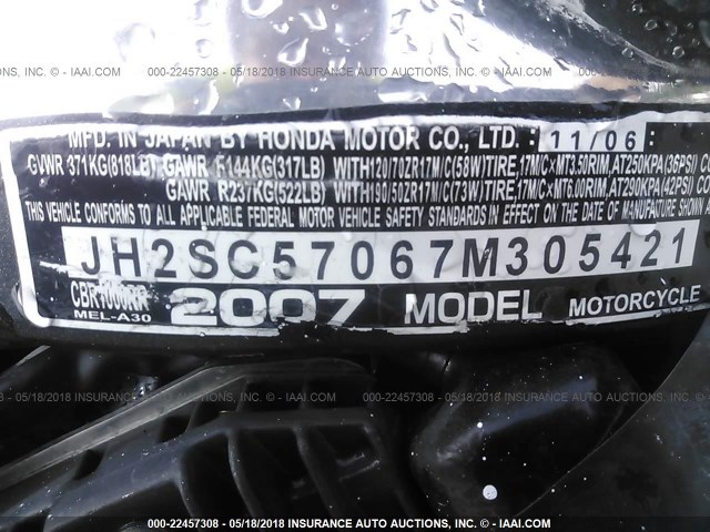 JH2SC57067M305421 - 2007 HONDA CBR1000 RR GRAY photo 10