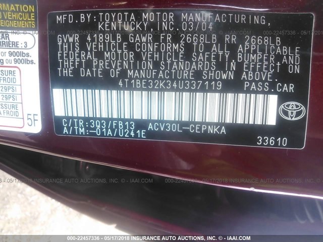 4T1BE32K34U337119 - 2004 TOYOTA CAMRY LE/XLE/SE RED photo 9