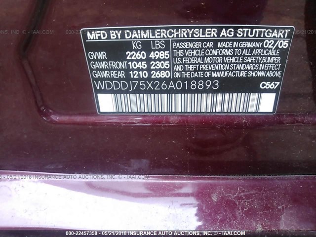 WDDDJ75X26A018893 - 2006 MERCEDES-BENZ CLS 500C BURGUNDY photo 9