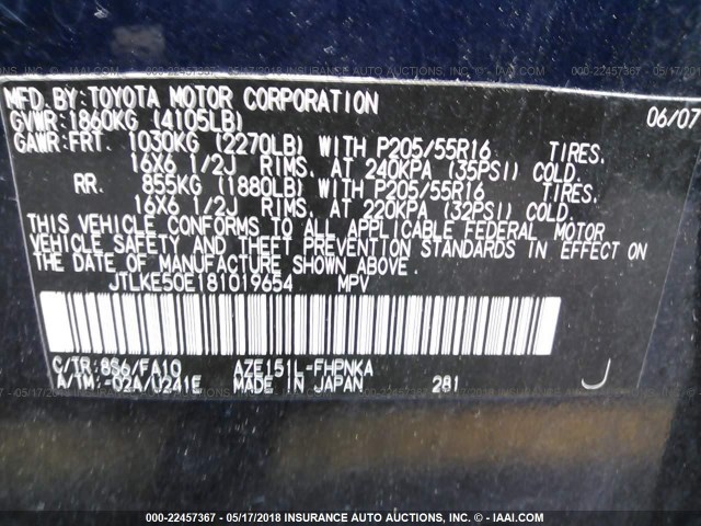 JTLKE50E181019654 - 2008 TOYOTA SCION XB BLUE photo 9