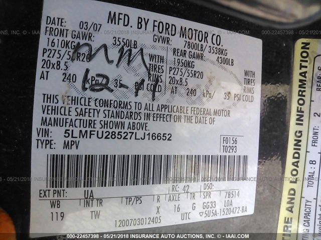 5LMFU28527LJ16652 - 2007 LINCOLN NAVIGATOR 黑色 照片 9