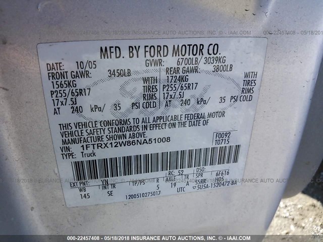 1FTRX12W86NA51008 - 2006 FORD F150 GRAY photo 9