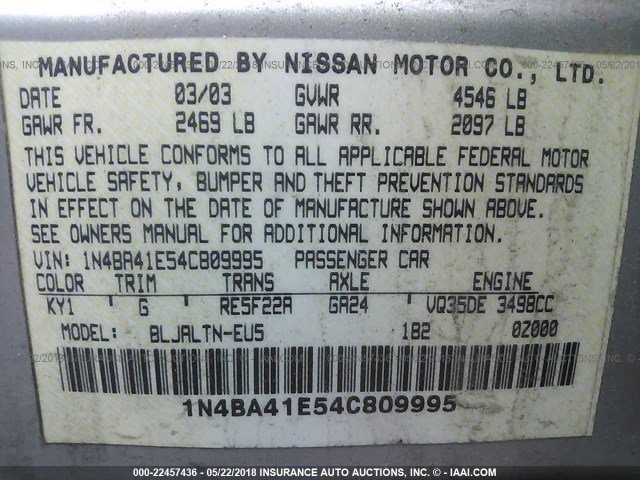 1N4BA41E54C809995 - 2004 NISSAN MAXIMA SE/SL SILVER photo 9