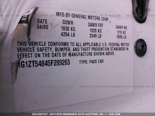 1G1ZT54845F289263 - 2005 CHEVROLET MALIBU LS 白色 照片 9