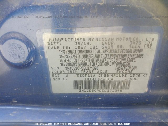 3N1CE2CP0EL371398 - 2014 NISSAN VERSA NOTE S/S PLUS/SV/SL BLUE photo 9