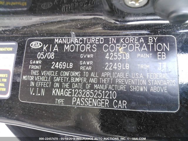 KNAGE123285251210 - 2008 KIA OPTIMA LX/EX BLACK photo 9