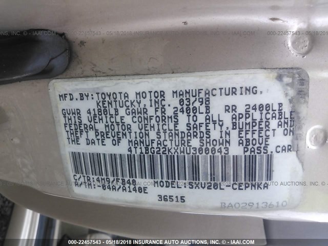 4T1BG22KXWU300043 - 1998 TOYOTA CAMRY CE/LE/XLE 金色 照片 9