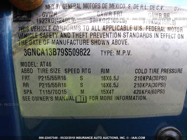 3GNCA13B79S509822 - 2009 CHEVROLET HHR LS BLUE photo 9