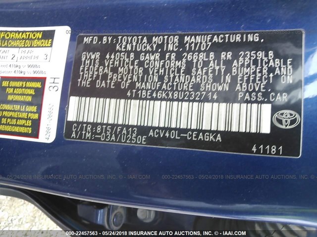 4T1BE46KX8U232714 - 2008 TOYOTA CAMRY CE/LE/XLE/SE BLUE photo 9