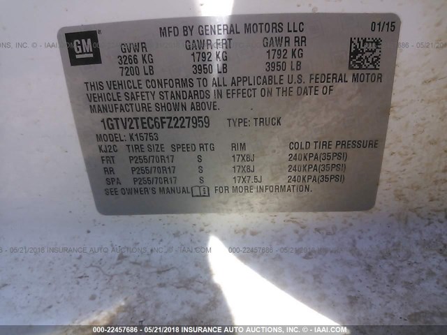 1GTV2TEC6FZ227959 - 2015 GMC SIERRA K1500 WHITE photo 9