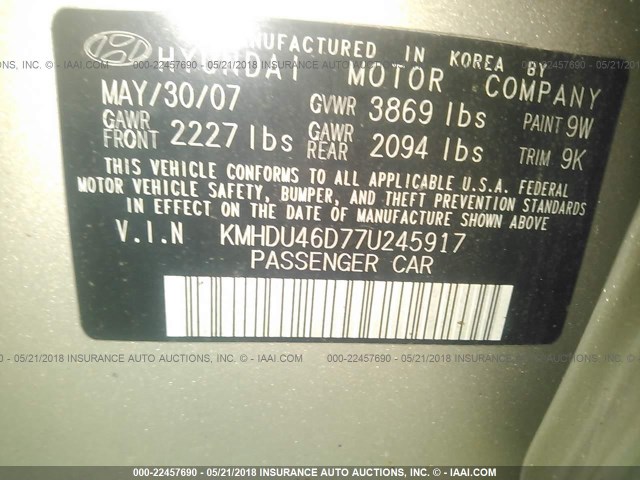 KMHDU46D77U245917 - 2007 HYUNDAI ELANTRA GLS/SE/LIMITED GOLD photo 9